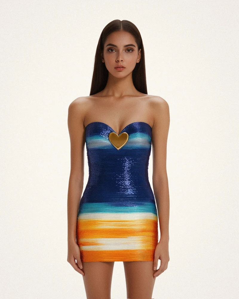 Olivia Paillettenkleid mit metallischen Herzmotiven – Blau/Orange