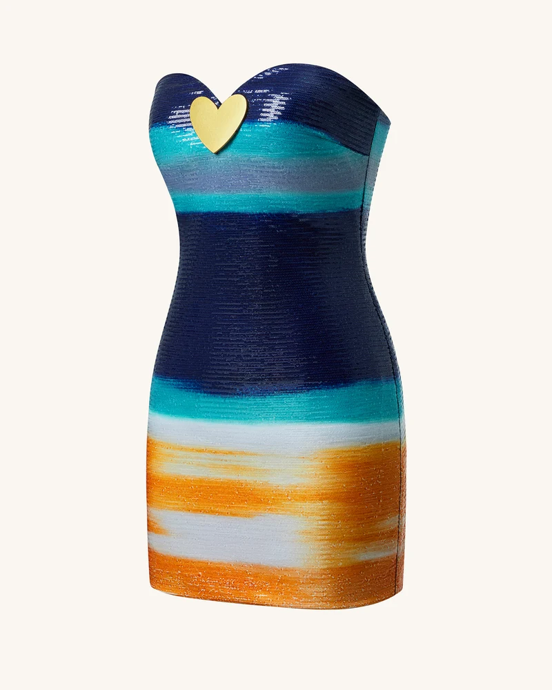 Olivia Paillettenkleid mit metallischen Herzmotiven – Blau/Orange