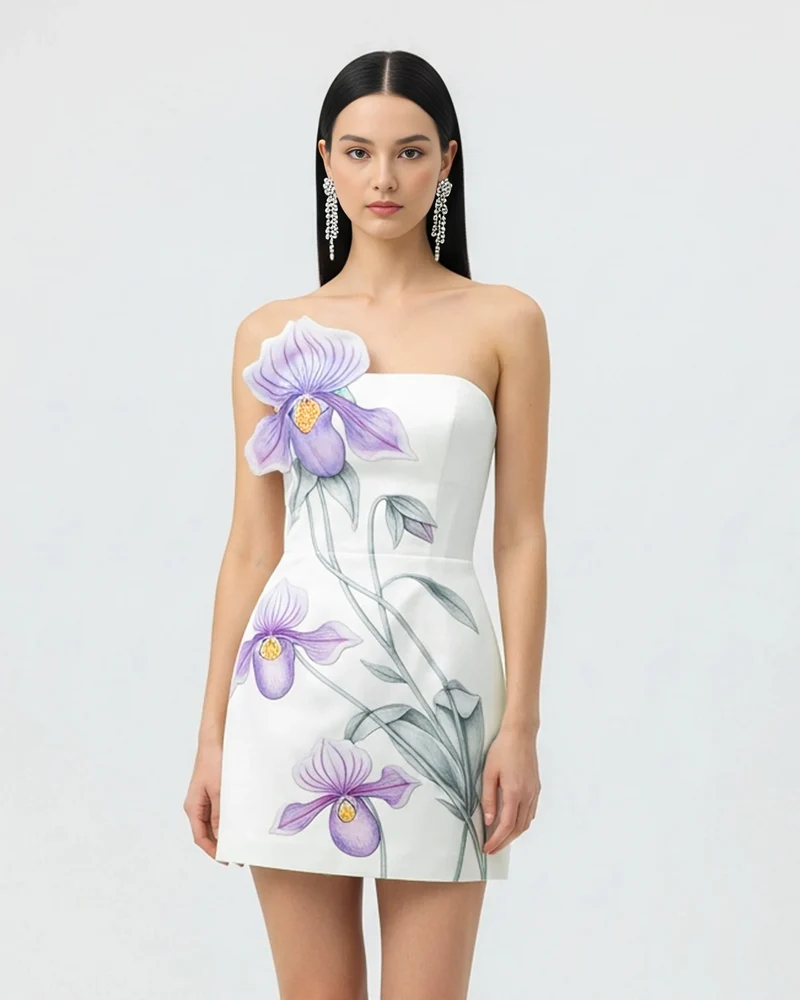Slipper-Orchideen-Applikation Minikleid – Weiß