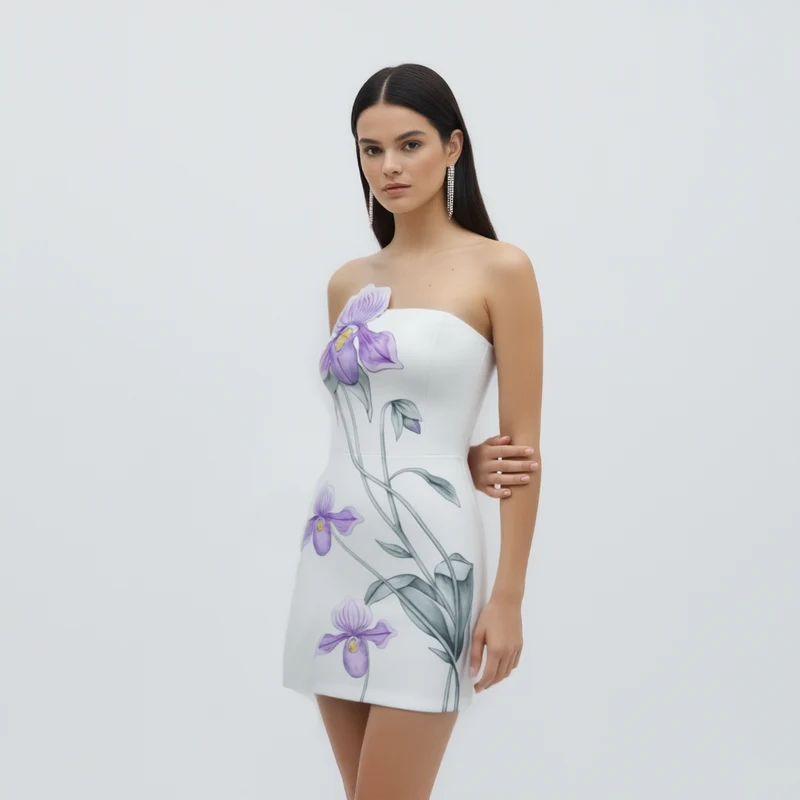 Slipper-Orchideen-Applikation Minikleid – Weiß