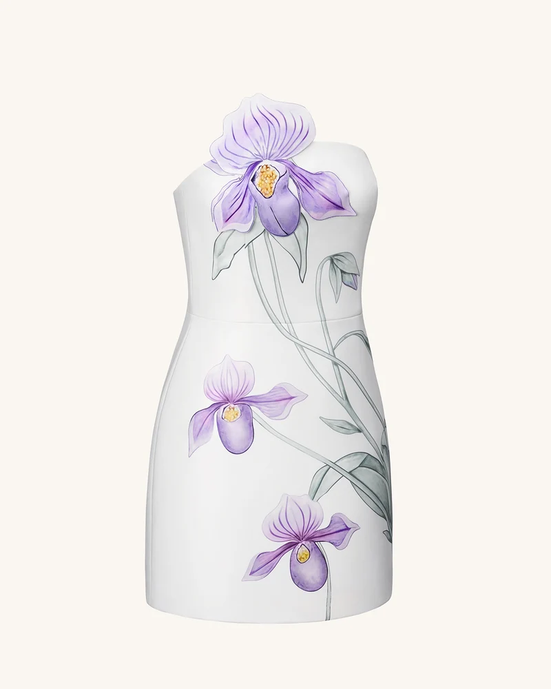 Slipper-Orchideen-Applikation Minikleid – Weiß
