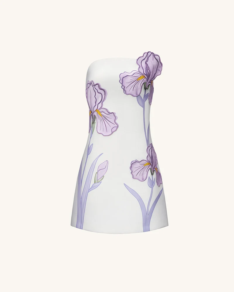 Schulterfreies Kleid mit Irisblumenmuster – Weiß