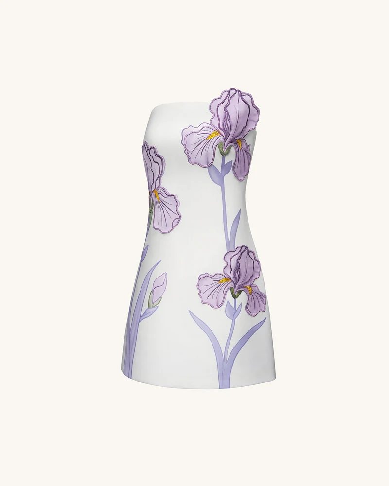 Schulterfreies Kleid mit Irisblumenmuster – Weiß