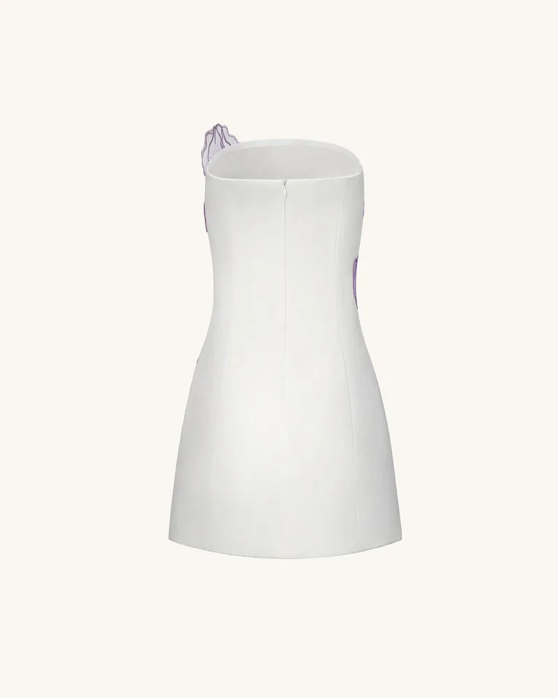 Schulterfreies Kleid mit Irisblumenmuster – Weiß