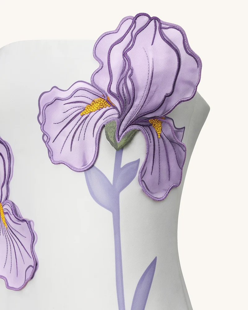 Schulterfreies Kleid mit Irisblumenmuster – Weiß
