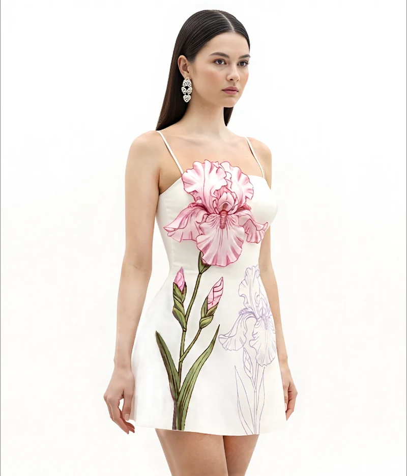 Iris-Applikations-Minikleid – Weiß
