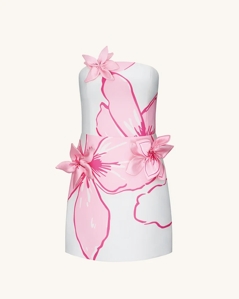 Minikleid mit rosa Blumenapplikationen – Weiß/Rosa