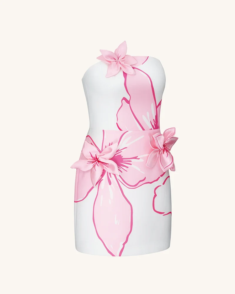 Minikleid mit rosa Blumenapplikationen – Weiß/Rosa