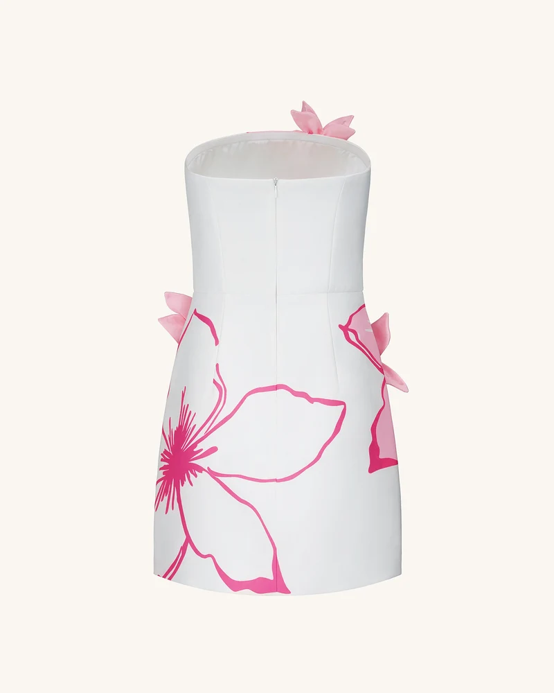 Minikleid mit rosa Blumenapplikationen – Weiß/Rosa