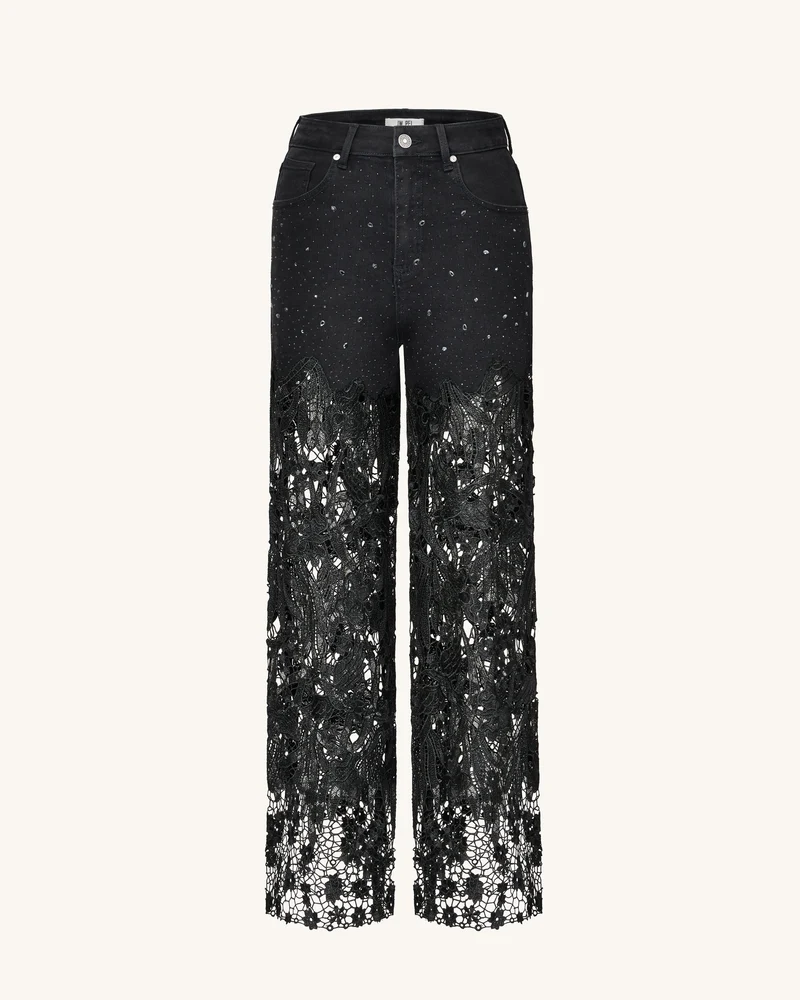 Bestickte Jeans mit hoher Taille und weitem Bein aus Spitzendenim mit Strass – Schwarz