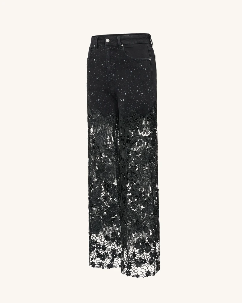 Bestickte Jeans mit hoher Taille und weitem Bein aus Spitzendenim mit Strass – Schwarz