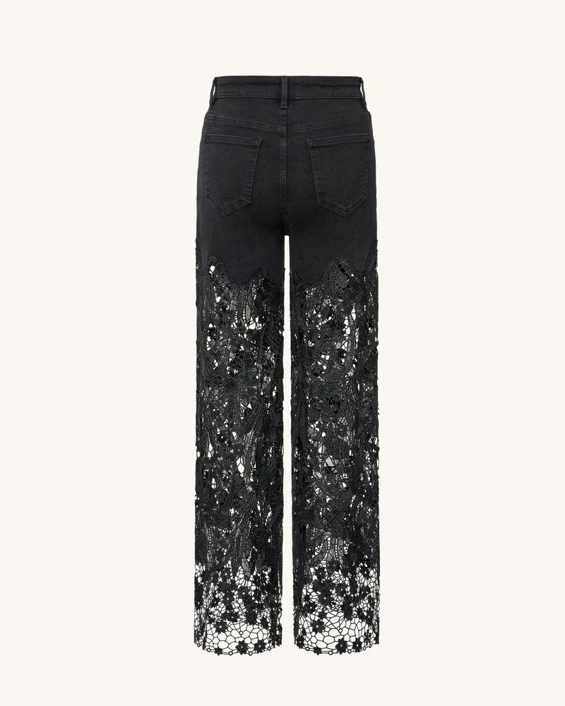 Bestickte Jeans mit hoher Taille und weitem Bein aus Spitzendenim mit Strass – Schwarz
