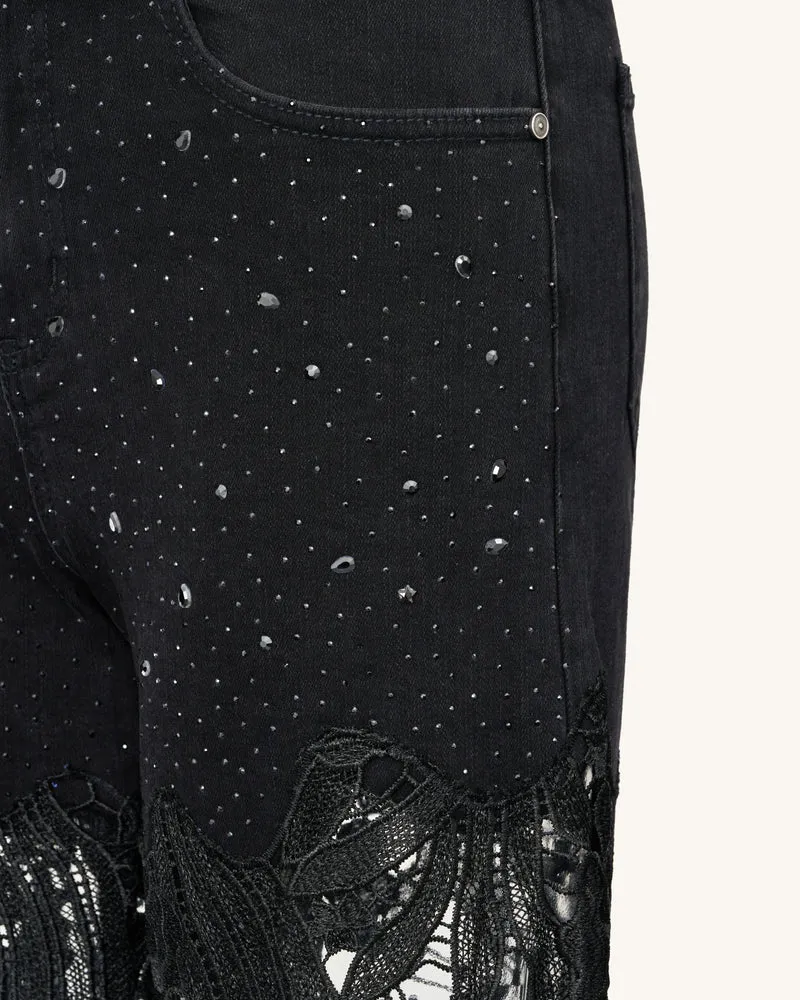 Bestickte Jeans mit hoher Taille und weitem Bein aus Spitzendenim mit Strass – Schwarz