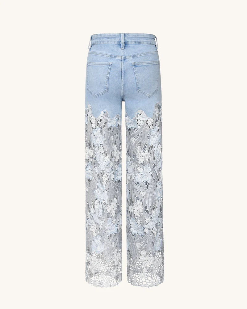 Bestickte Jeans mit hoher Taille und weitem Bein aus Spitzendenim mit Strass – Hellblau