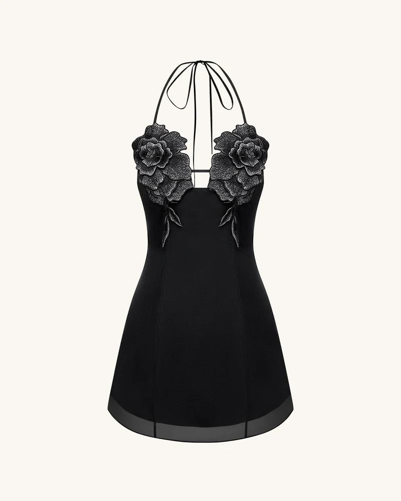 Blumen besticktes Minikleid - Schwarz