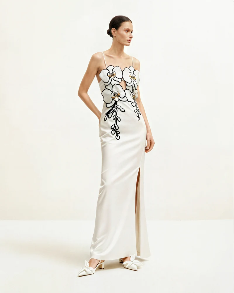 Orchideen besticktes Kleid - Weiß/Schwarz