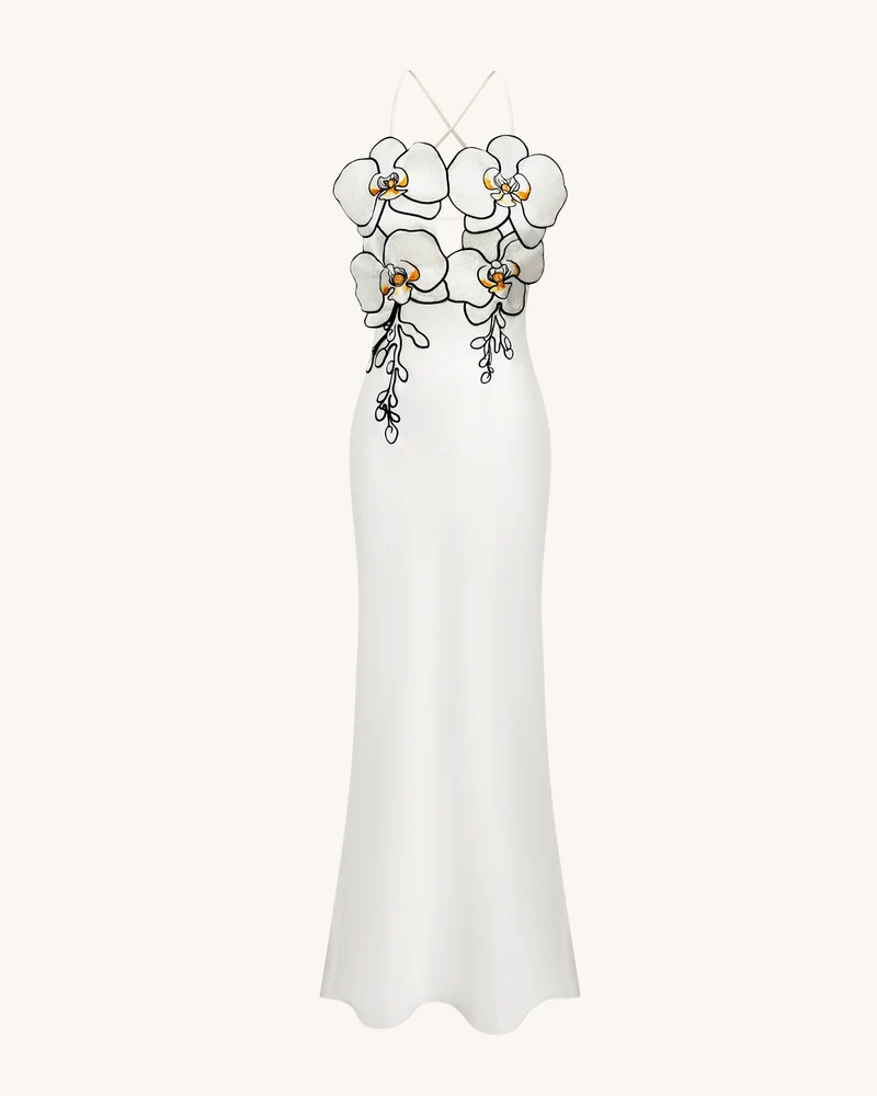 Orchideen besticktes Kleid - Weiß/Schwarz