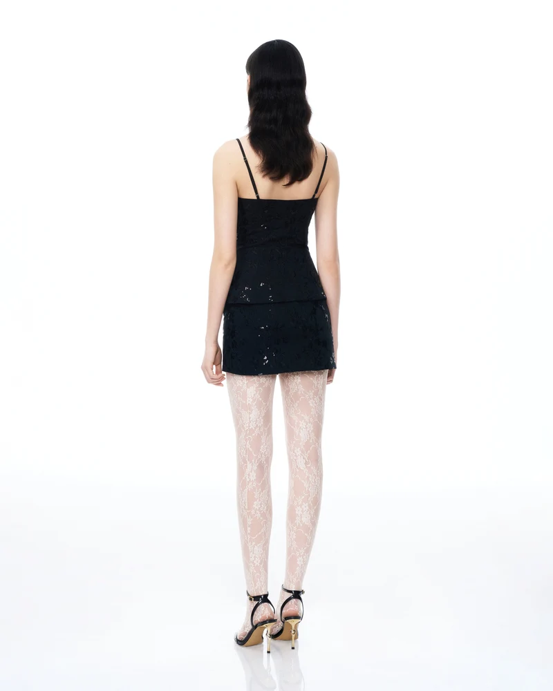 Seilena Mini-Anzug mit 3D-Blumen und Pailletten – Schwarz