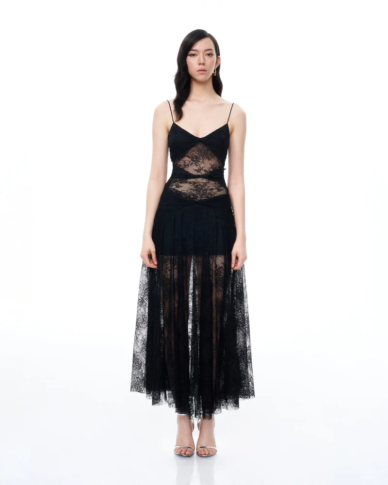 Indigo Kleid aus Blumenspitze – Schwarz