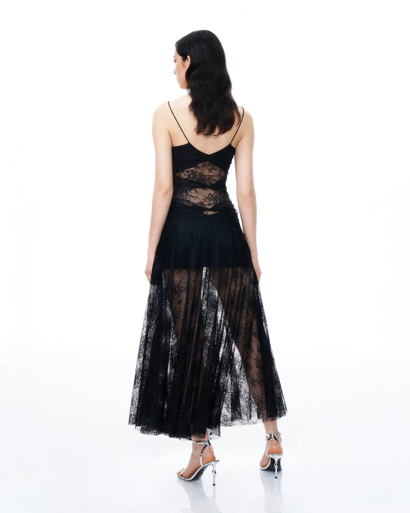 Indigo Kleid aus Blumenspitze – Schwarz