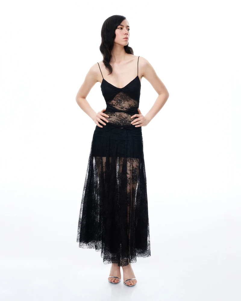 Indigo Kleid aus Blumenspitze – Schwarz