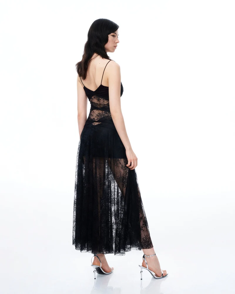 Indigo Kleid aus Blumenspitze – Schwarz