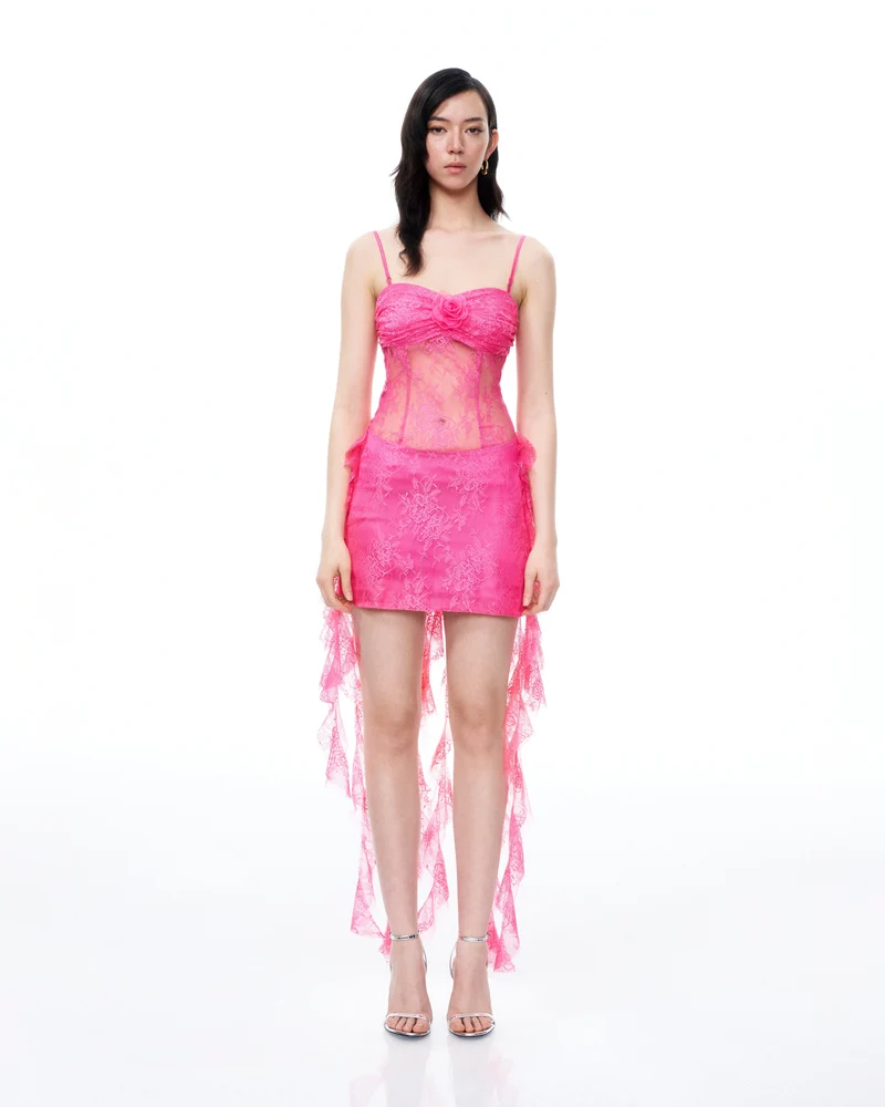 Selene 3D-Spitzen-Minikleid mit Blumenmuster – Rosa