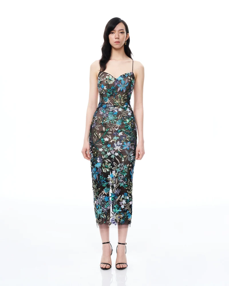 Isadora Kleid mit floralen Pailletten – Schwarz Multicolor