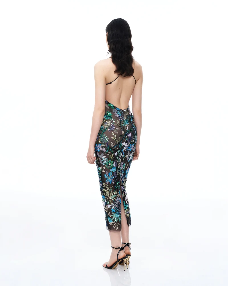 Isadora Kleid mit floralen Pailletten – Schwarz Multicolor