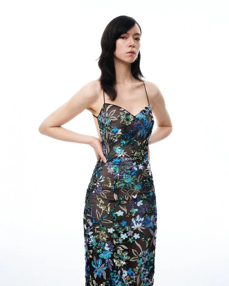 Isadora Kleid mit floralen Pailletten – Schwarz Multicolor