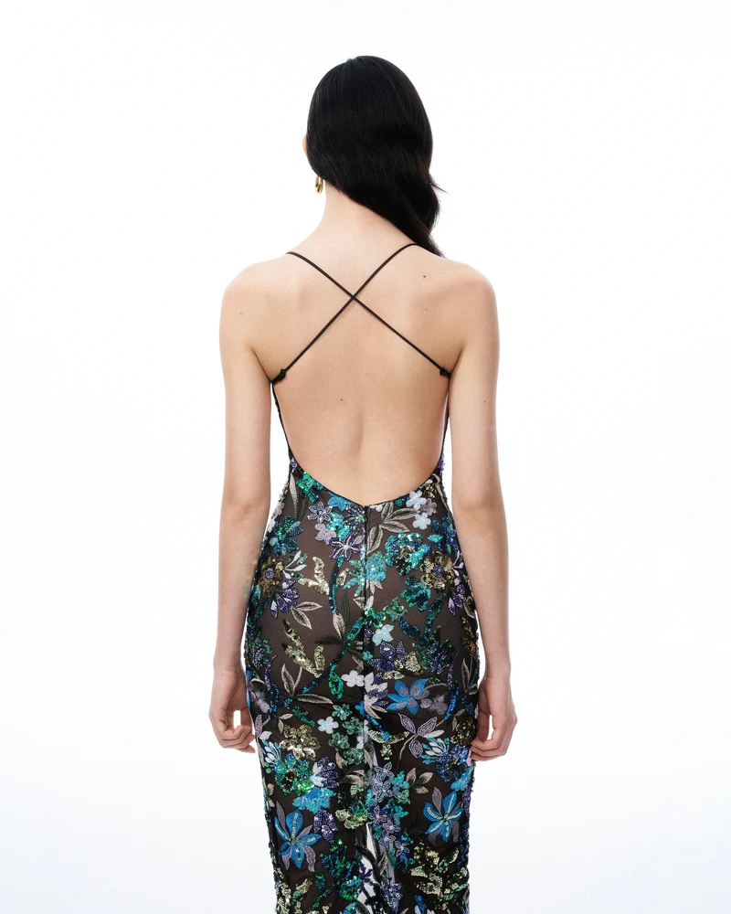 Isadora Kleid mit floralen Pailletten – Schwarz Multicolor