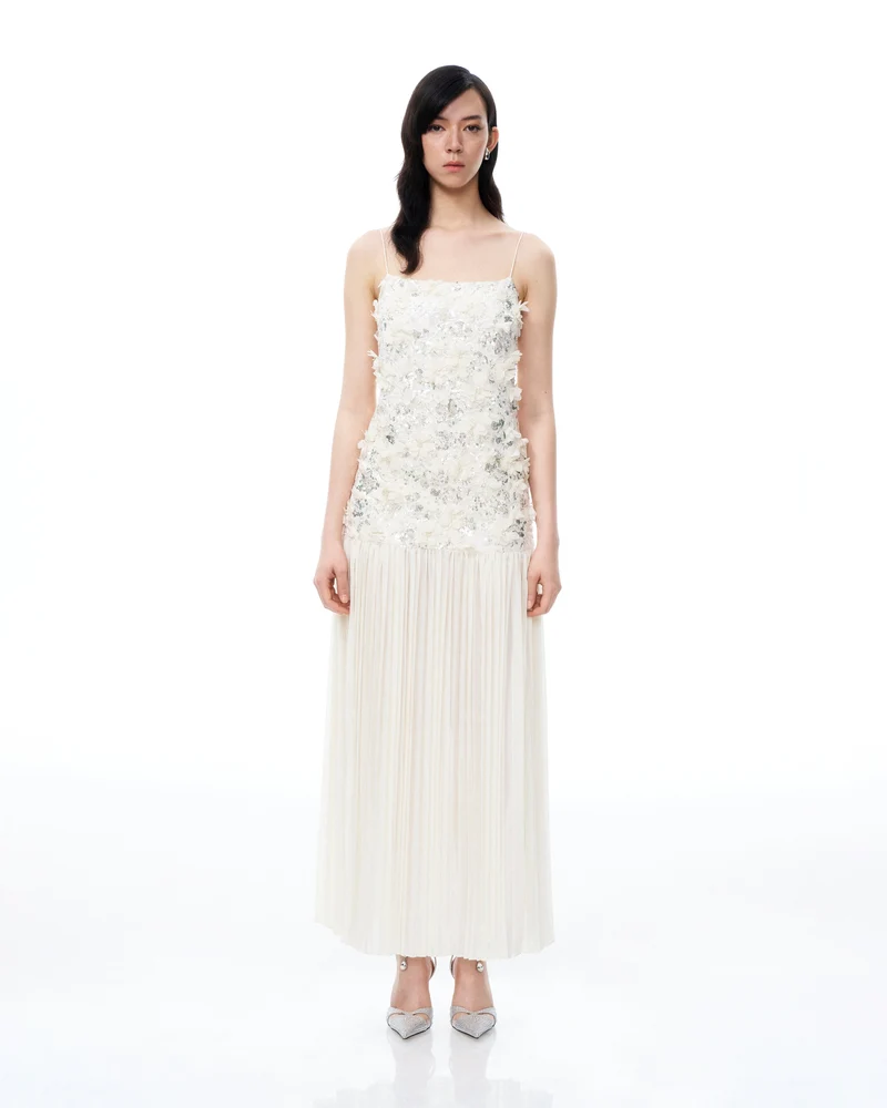 Galadriel 3D-Blumen-Pailletten-Maxikleid – Weiß