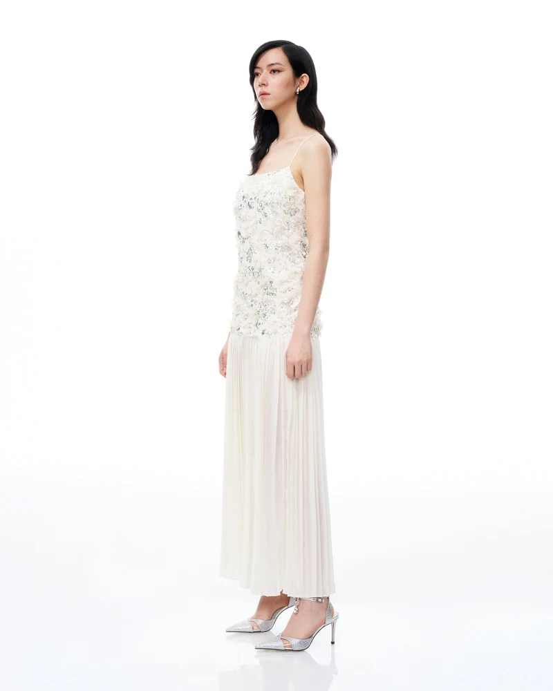 Galadriel 3D-Blumen-Pailletten-Maxikleid – Weiß