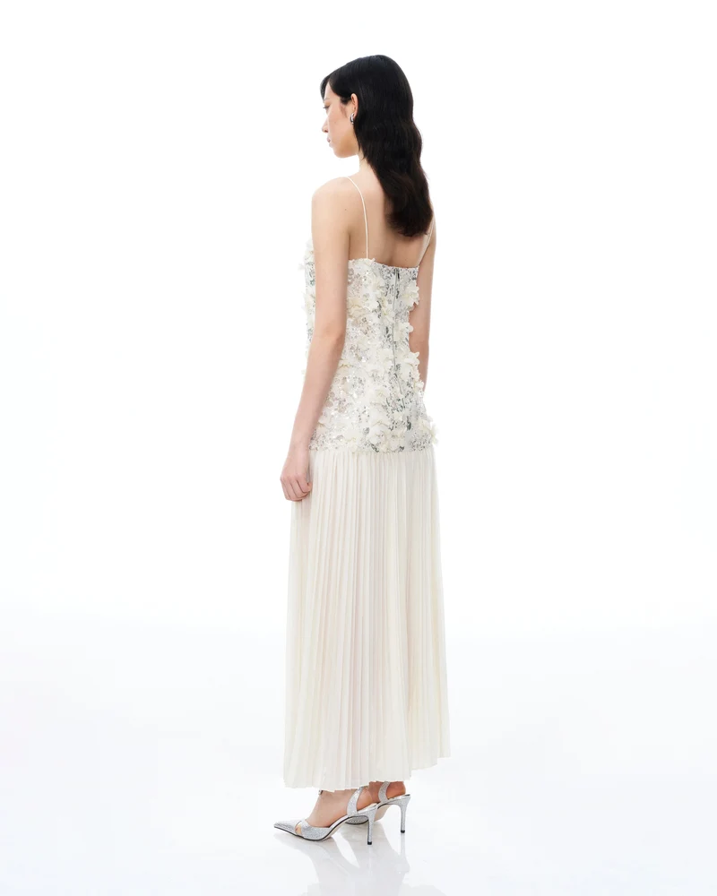 Galadriel 3D-Blumen-Pailletten-Maxikleid – Weiß