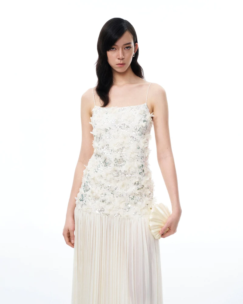 Galadriel 3D-Blumen-Pailletten-Maxikleid – Weiß