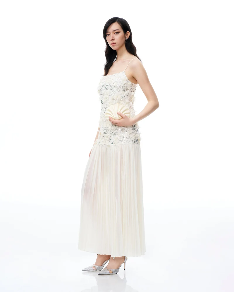 Galadriel 3D-Blumen-Pailletten-Maxikleid – Weiß
