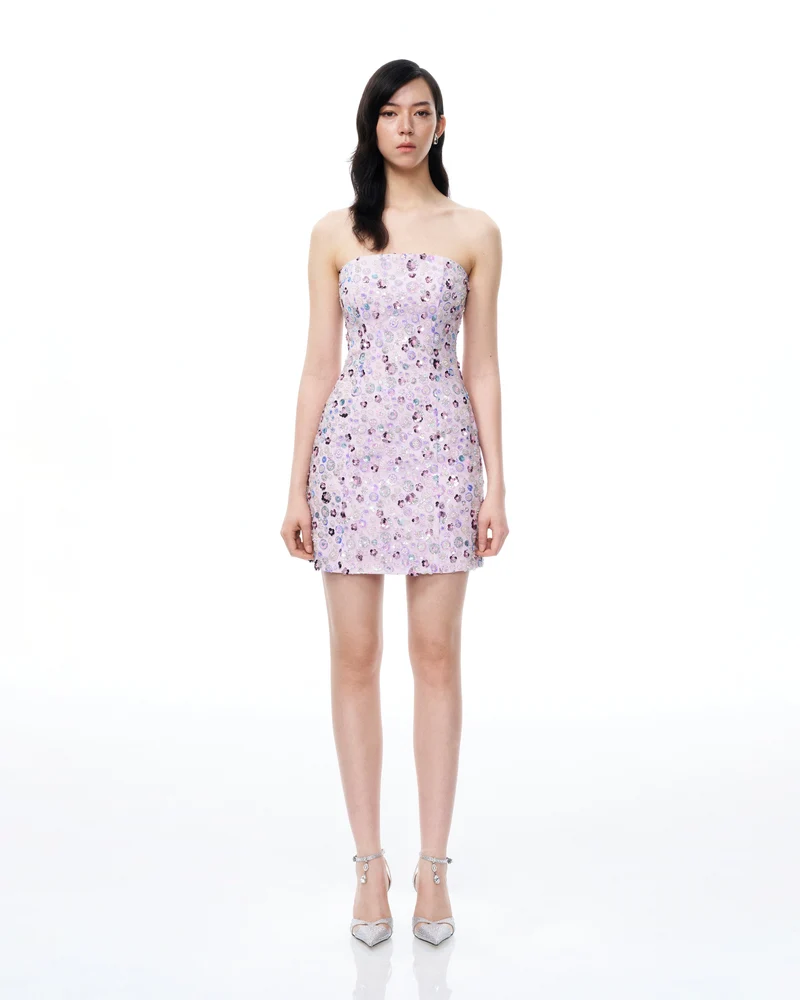 Esme Minikleid mit floraler Paillettenstickerei – Lila