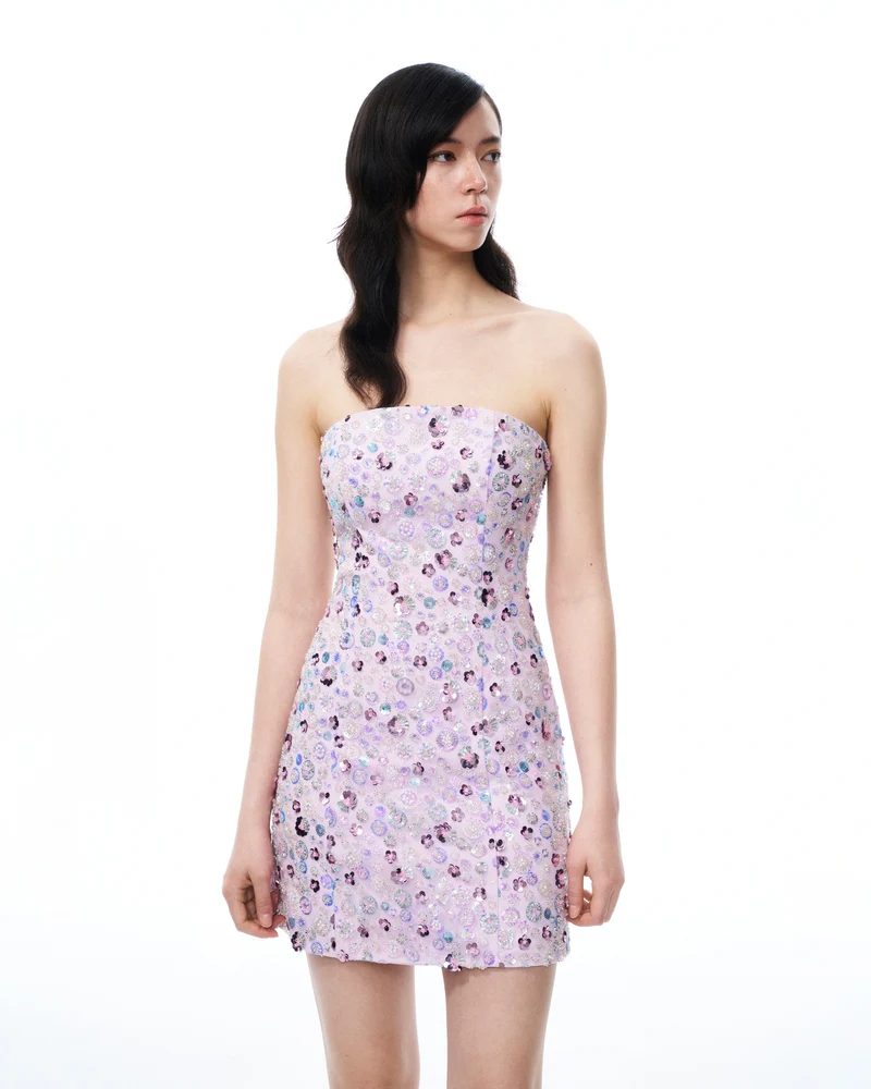Esme Minikleid mit floraler Paillettenstickerei – Lila