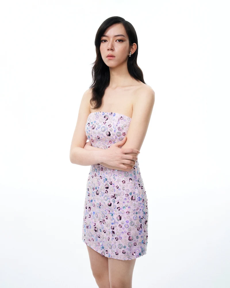 Esme Minikleid mit floraler Paillettenstickerei – Lila