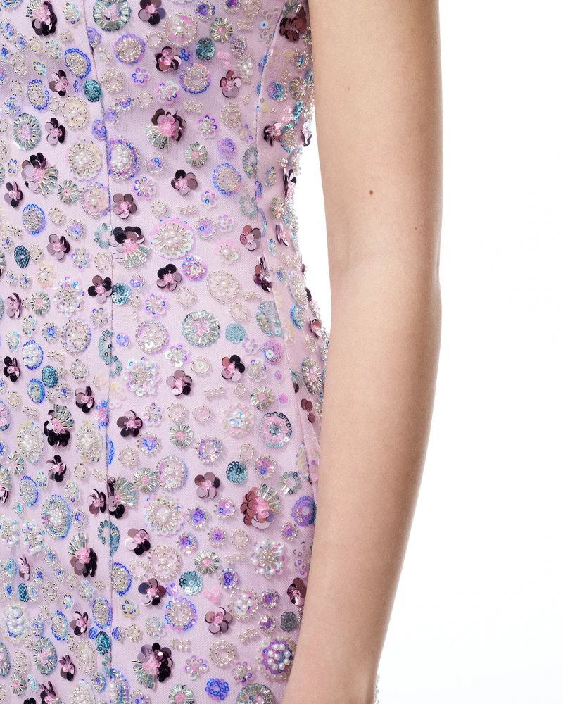 Esme Minikleid mit floraler Paillettenstickerei – Lila