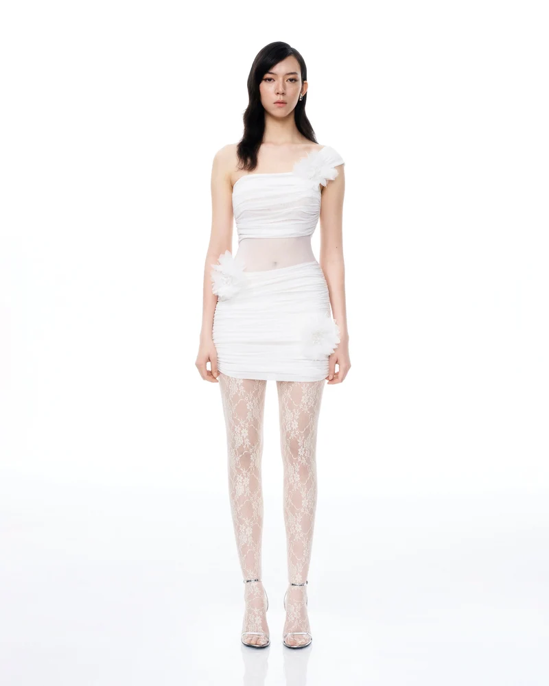Isidore 3D-Blumen-Falten-Minikleid – Weiß
