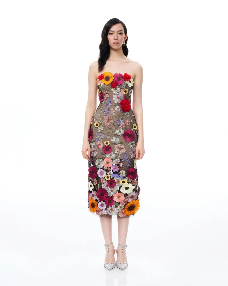 Isolde 3D-Blumenstickerei-Maxikleid – Schwarz Mehrfarbig