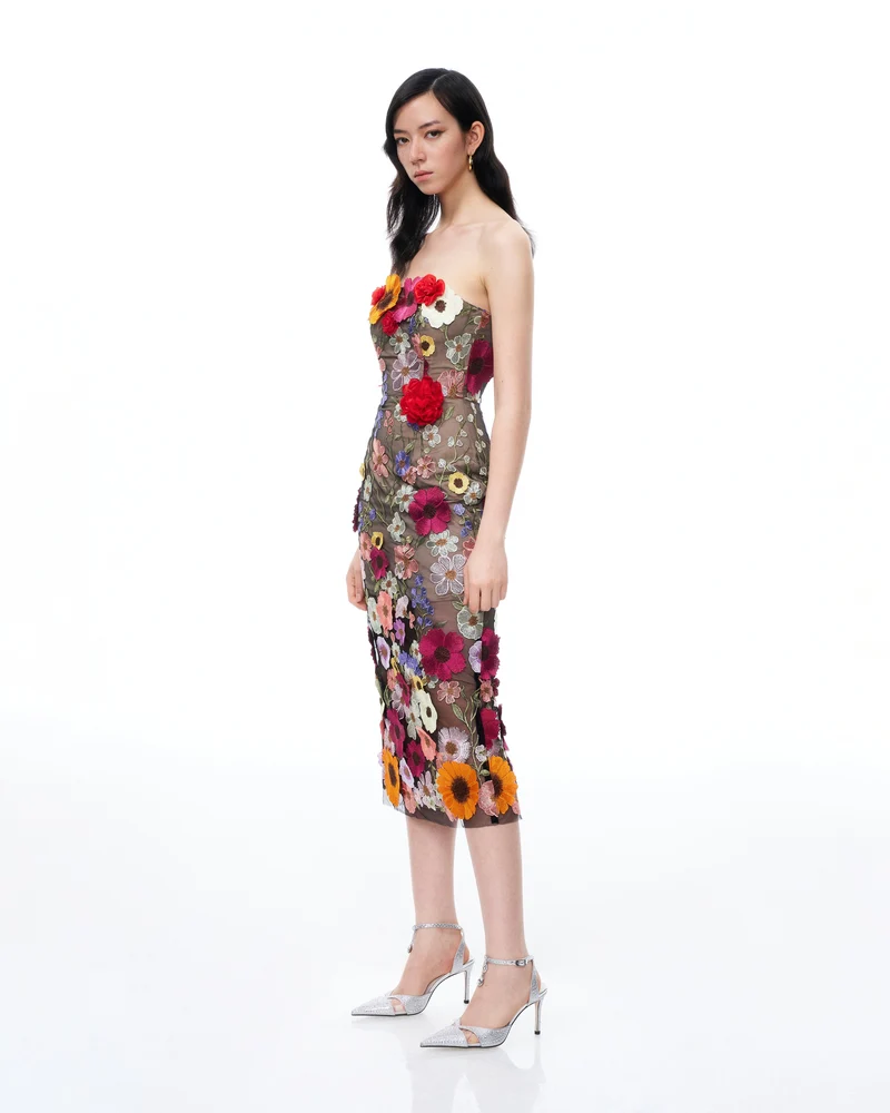 Isolde 3D-Blumenstickerei-Maxikleid – Schwarz Mehrfarbig