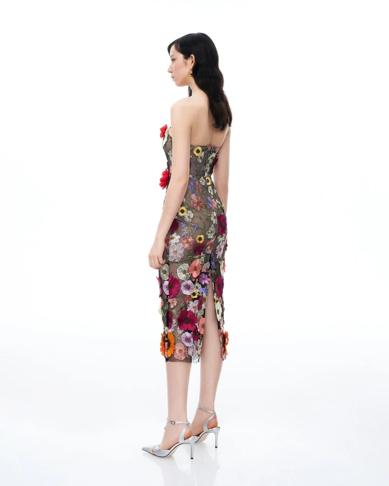 Isolde 3D-Blumenstickerei-Maxikleid – Schwarz Mehrfarbig