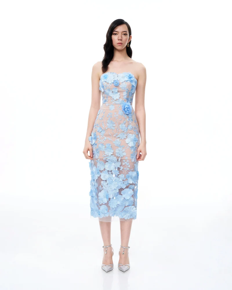 Evander 3D-Blumenstickerei-Maxikleid – Blau