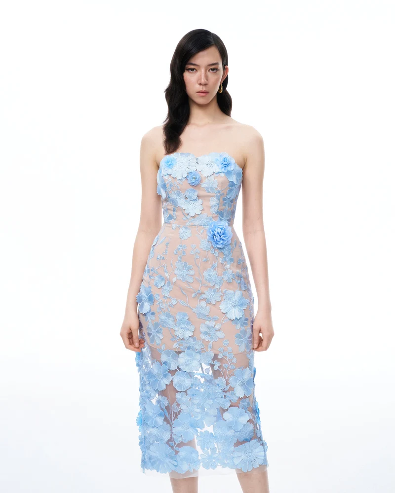 Evander 3D-Blumenstickerei-Maxikleid – Blau