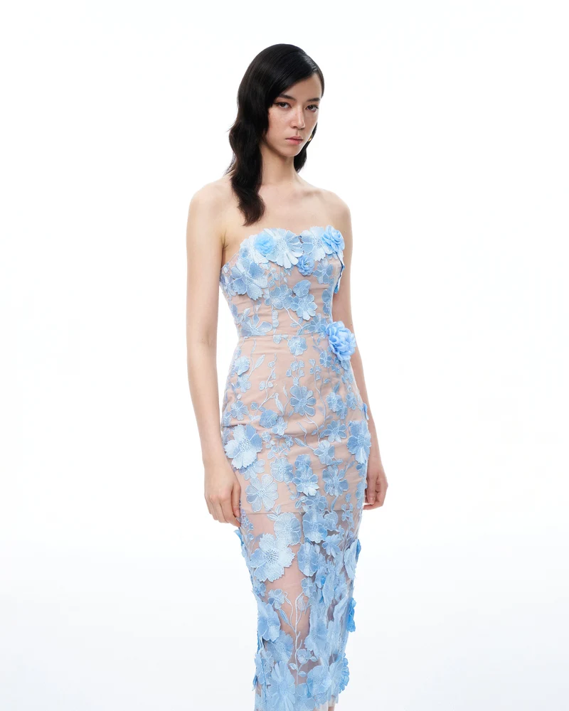Evander 3D-Blumenstickerei-Maxikleid – Blau