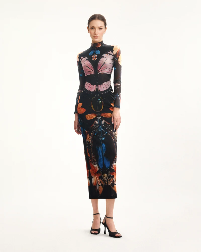 Mehrlagiges Mesh-Kleid mit transparentem Schmetterlings- und Käferdesign – Mehrfarbig