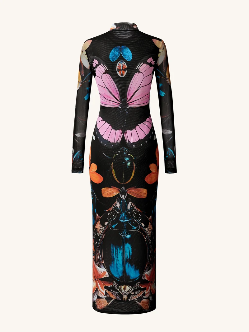 Mehrlagiges Mesh-Kleid mit transparentem Schmetterlings- und Käferdesign – Mehrfarbig