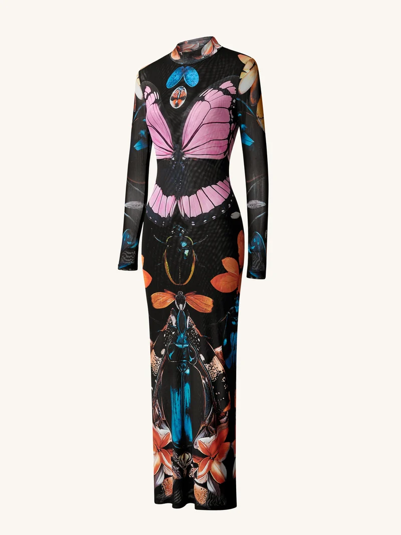Mehrlagiges Mesh-Kleid mit transparentem Schmetterlings- und Käferdesign – Mehrfarbig
